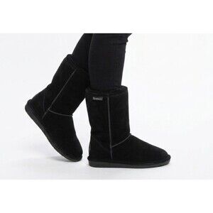 BEARPAW Elle Short 10" Suede Sheepskin Boots Black Women's Size 10 EUC Emma